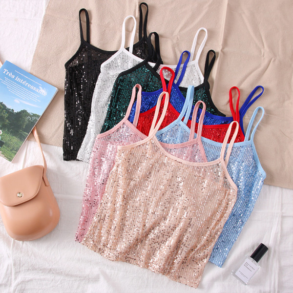 Модерен дамски потник с пайети и тънки презрамки 