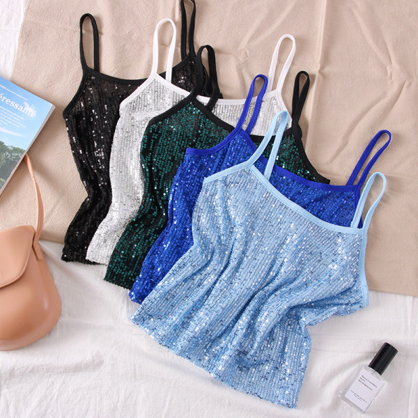 Модерен дамски потник с пайети и тънки презрамки 