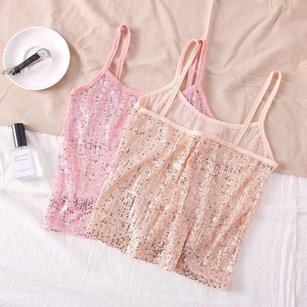 Модерен дамски потник с пайети и тънки презрамки 