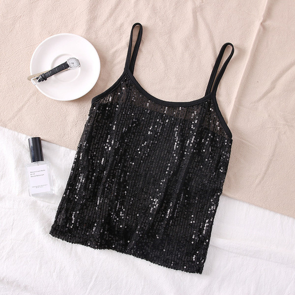 Модерен дамски потник с пайети и тънки презрамки 