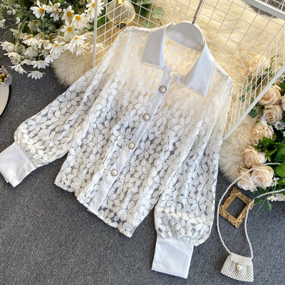 Női csipke ing klasszikus gallérral és széles ujjakkal
