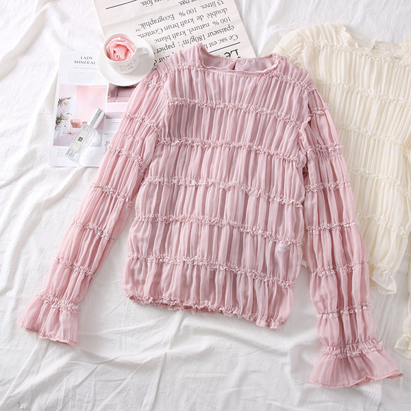 Új modell női blúz lótusz ujjal és ovális nyakkivágással