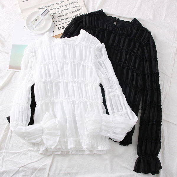 Új modell női blúz lótusz ujjal és ovális nyakkivágással