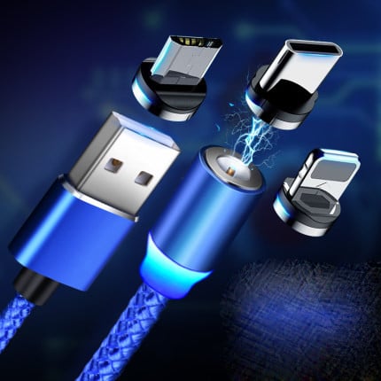 Data кабел за бързо зареждане със сменящ се  магнитен накрайник Type C, Micro USB и Lighting