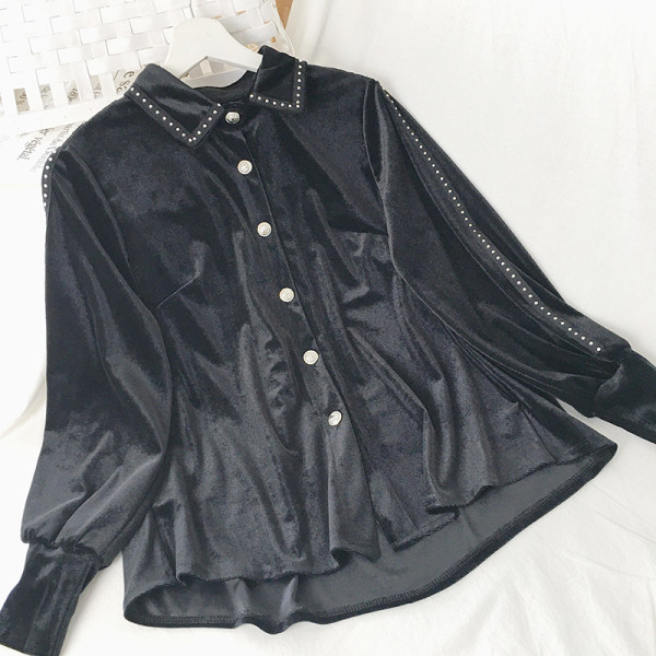 Fekete női bársony ing klasszikus gallérral és hosszú ujjal