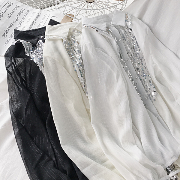 Modern női ing klasszikus gallérral és flitterekkel