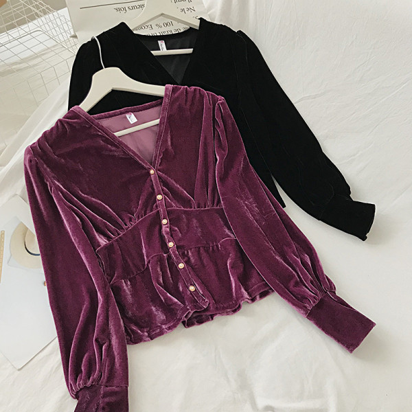 Női bársony ing retro stílusú V-nyakkal és gombokkal