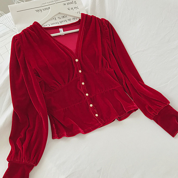 Női bársony ing retro stílusú V-nyakkal és gombokkal