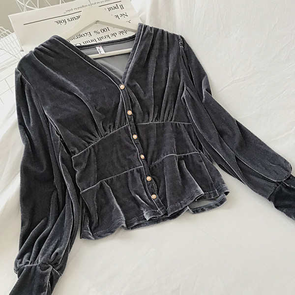 Női bársony ing retro stílusú V-nyakkal és gombokkal