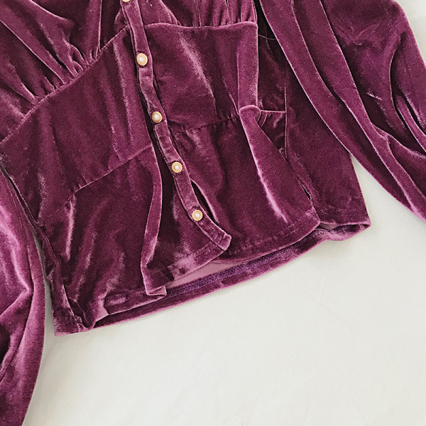 Női bársony ing retro stílusú V-nyakkal és gombokkal