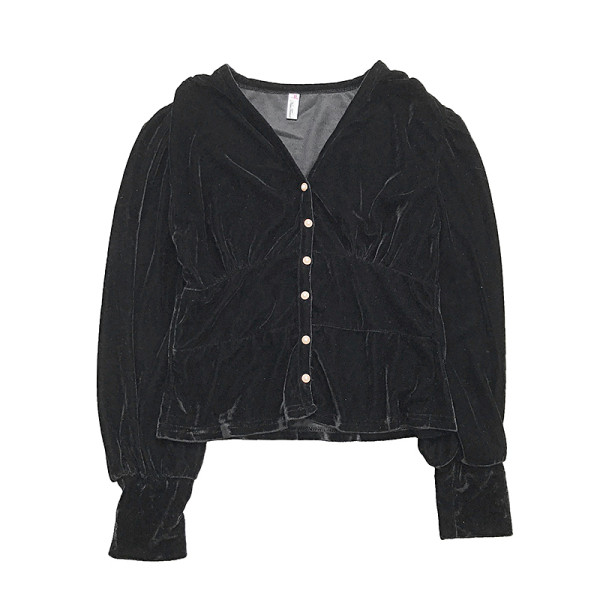 Női bársony ing retro stílusú V-nyakkal és gombokkal