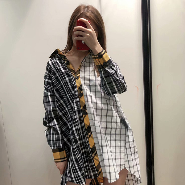 Kockás széles aszimmetrikus ing klasszikus gallérral és gombokkal