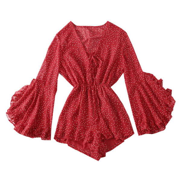 Női rövid jumpsuit széles ujjakkal és spitz sifon nyakkivágással