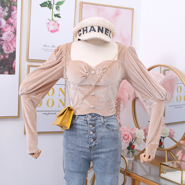 Új modell női blúz gombokkal és hosszú bársony ujjú