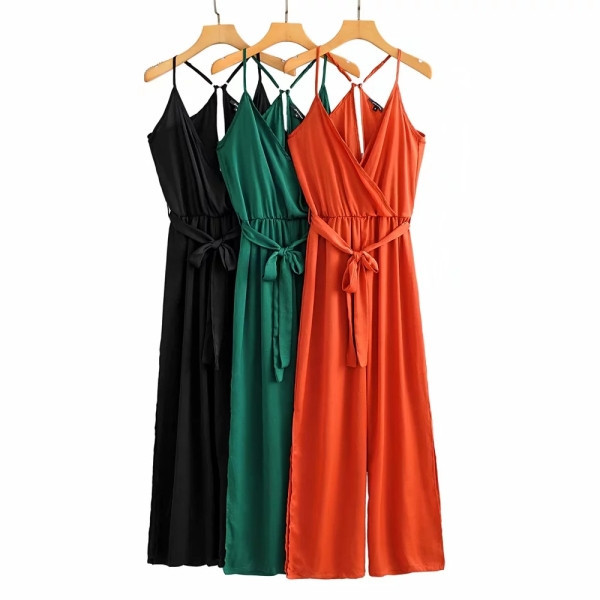 Női alkalmi overall mély V-nyakkal és derékkötővel