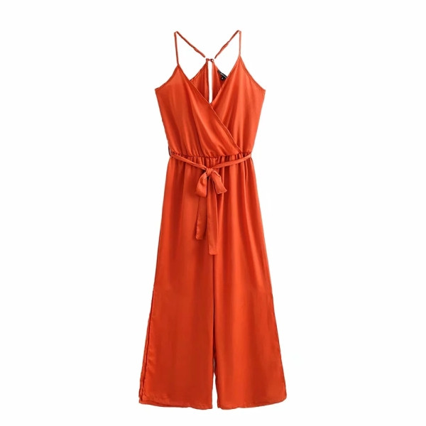 Női alkalmi overall mély V-nyakkal és derékkötővel