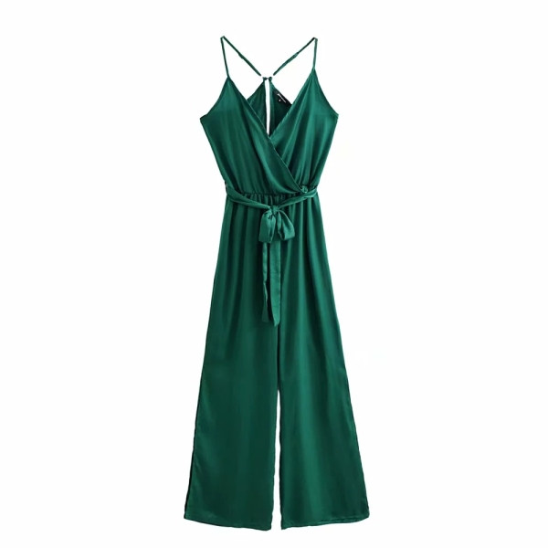 Női alkalmi overall mély V-nyakkal és derékkötővel