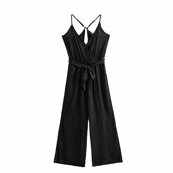 Női alkalmi overall mély V-nyakkal és derékkötővel