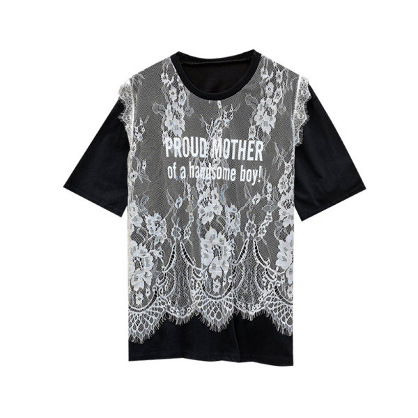 Modern női póló rövid ujjal, csipkével és felirattal