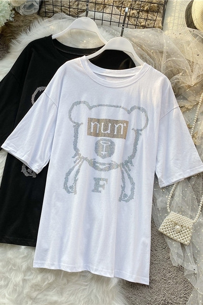 Bő női póló rövid ujjú, mackó rátéttel