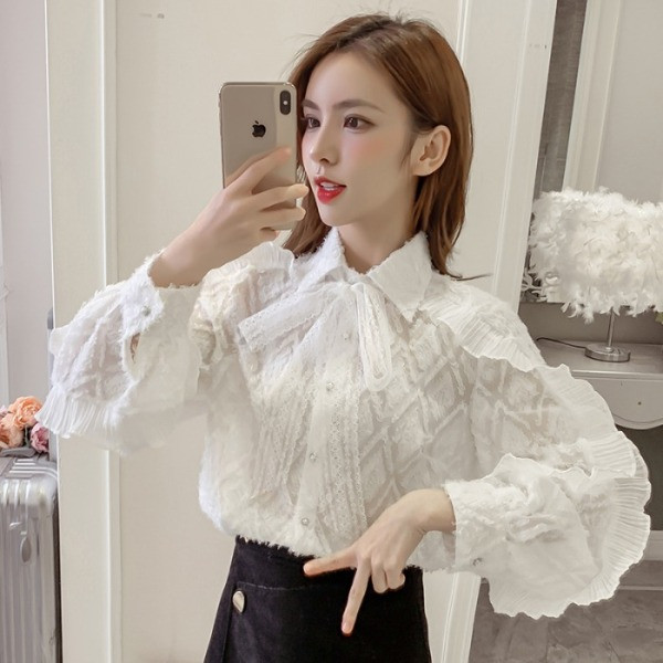 Új modell csipke ing klasszikus gallérral és szalaggal