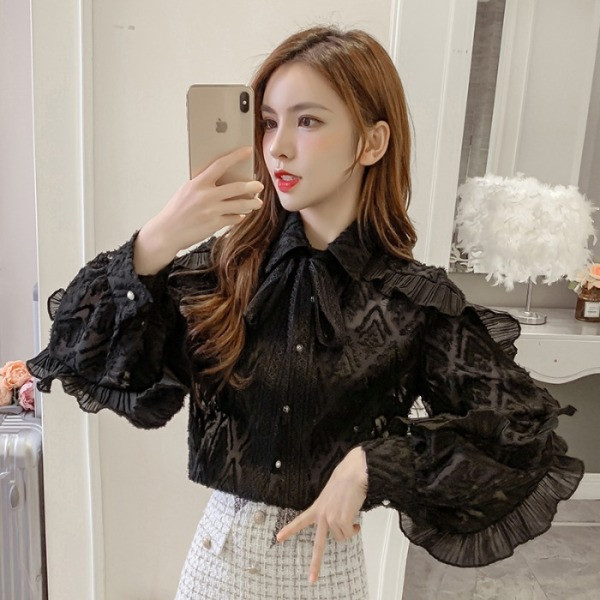 Új modell csipke ing klasszikus gallérral és szalaggal