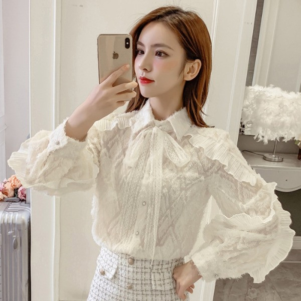 Új modell csipke ing klasszikus gallérral és szalaggal