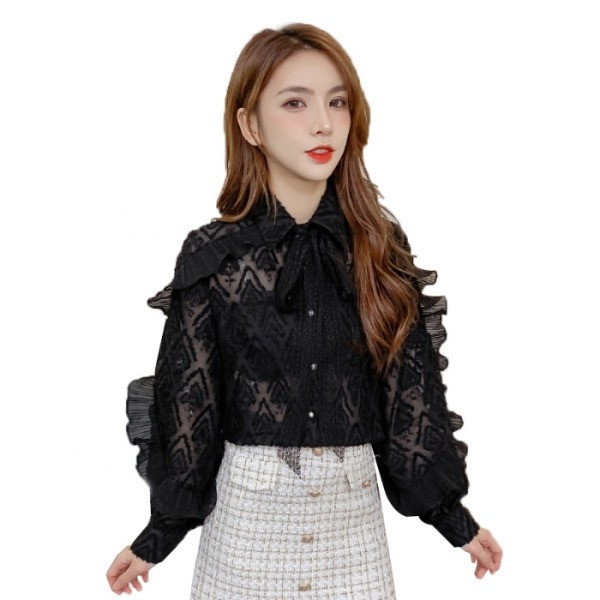 Új modell csipke ing klasszikus gallérral és szalaggal