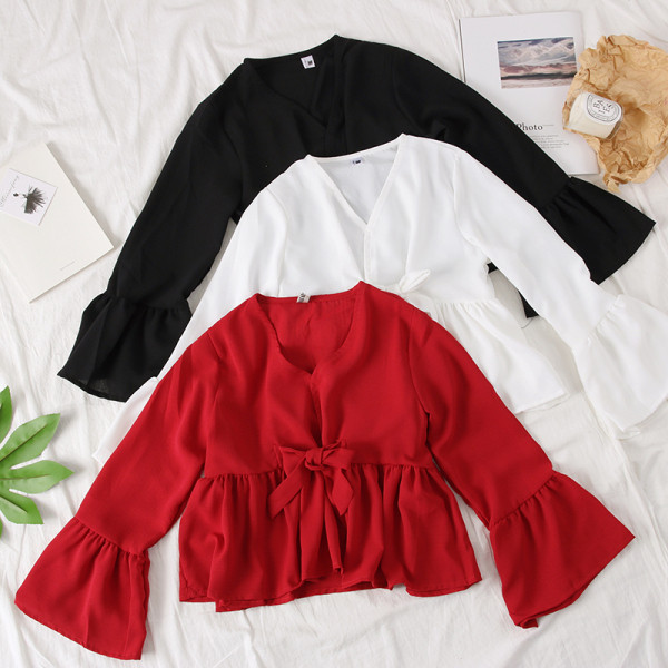 Modern női blúz lótusz ujjal és szalaggal - széles modell