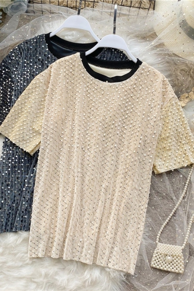 Modern női póló és rövid ujjú, flitterekkel