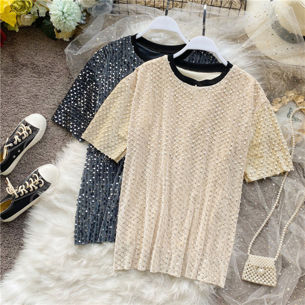 Modern női póló és rövid ujjú, flitterekkel