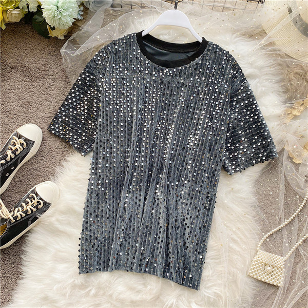 Modern női póló és rövid ujjú, flitterekkel