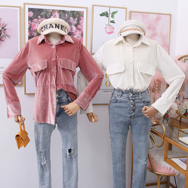 Modern női bársony ing klasszikus gallérral és nagy zsebekkel