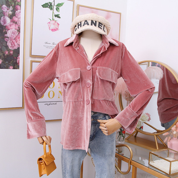 Modern női bársony ing klasszikus gallérral és nagy zsebekkel