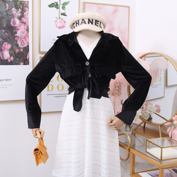 Modern női bársony ing klasszikus gallérral és nagy zsebekkel