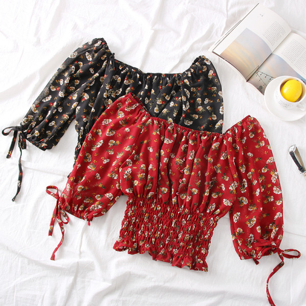 Modern női blúz virágmintás és csónakos nyakkivágással