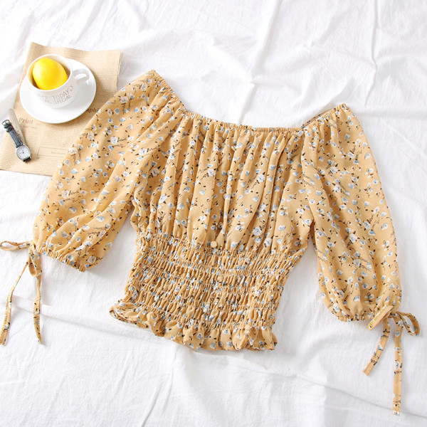 Modern női blúz virágmintás és csónakos nyakkivágással