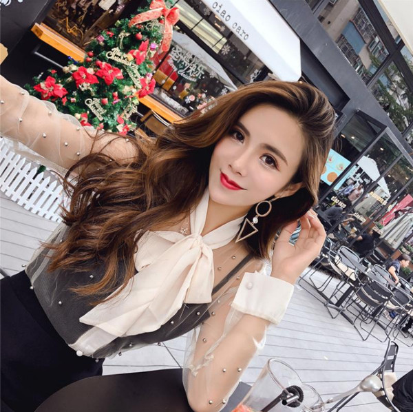 Modern női sifon ing szalaggal és gyöngyökkel