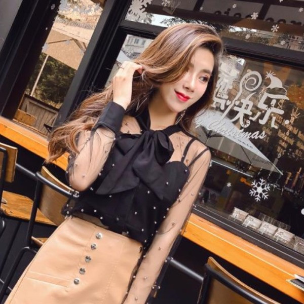 Modern női sifon ing szalaggal és gyöngyökkel