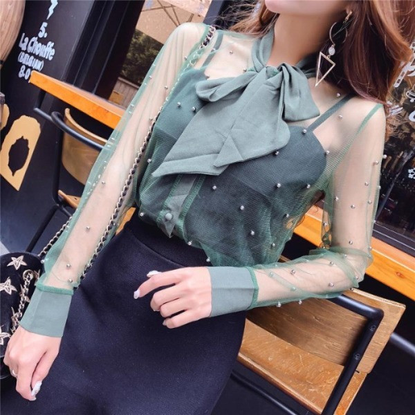 Modern női sifon ing szalaggal és gyöngyökkel