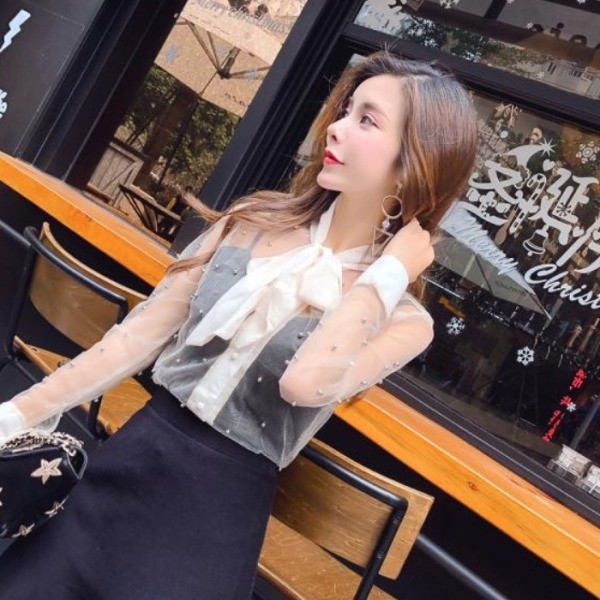 Modern női sifon ing szalaggal és gyöngyökkel