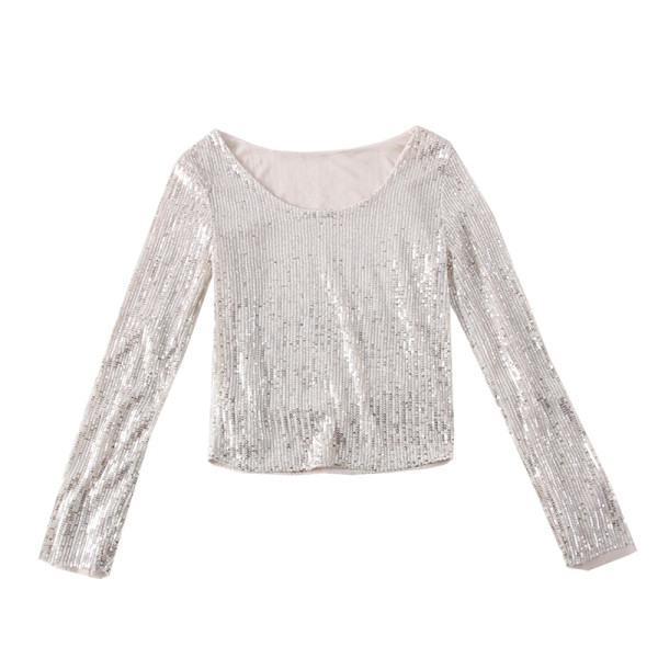 Új modell női blúz ovális nyakkivágással, flitterekkel és hosszú ujjú