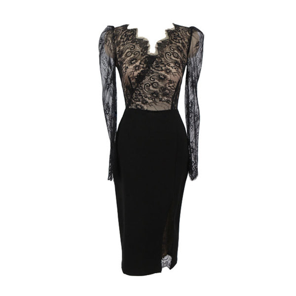 Elegáns női rövid fekete ruha hasítékkal és csipkével