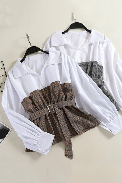 Stílusos női ing széles ujjal és kockával, derékban övvel