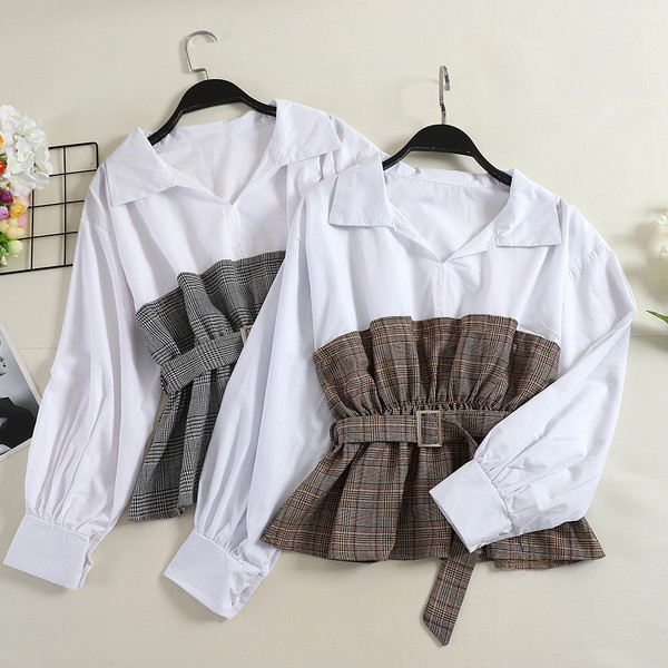 Stílusos női ing széles ujjal és kockával, derékban övvel