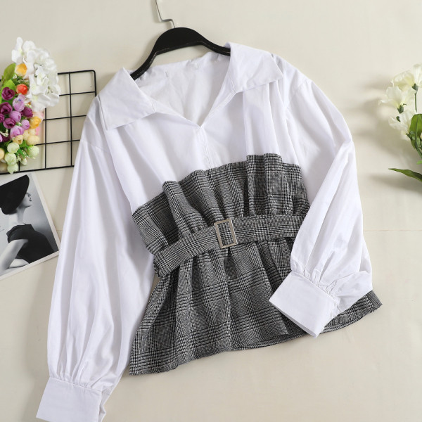 Stílusos női ing széles ujjal és kockával, derékban övvel