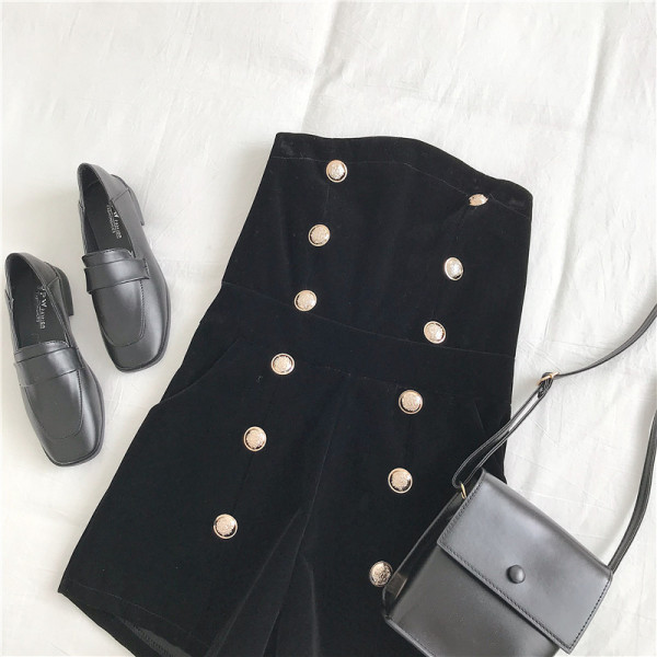 Női fekete bársony kombinék gombokkal és pántokkal