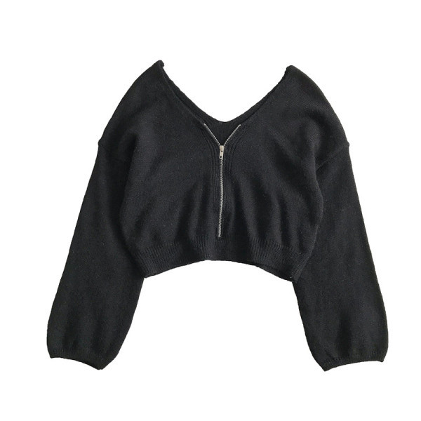 Rövid női pulóver spitz nyakkivágással és cipzárral