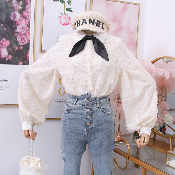 Új modell női ing széles ujjal és klasszikus gallérral