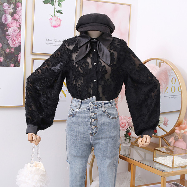 Új modell női ing széles ujjal és klasszikus gallérral